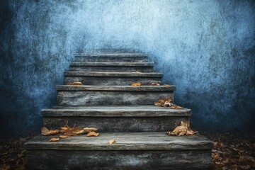 Old wooden steps lead into a misty blue autumnal scene, with fallen leaves scattered around.