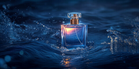 Elegant perfume bottle floating in crystal-clear water under soft lighting