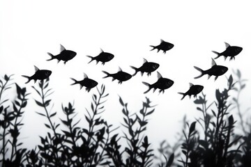 Silhouette of black fish swimming over aquatic plants against a white background.