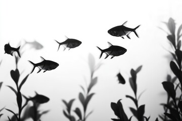 Black ghost knife fish gracefully swim in a minimalist, aquatic setting.