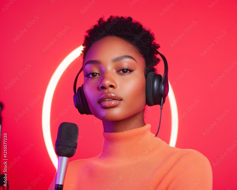 Aufkleber vibrant virtual broadcasting young black woman hosting event with neon backdrop and tech setup - dyn