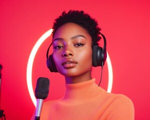 Vibrant Virtual Broadcasting Young Black Woman Hosting Event with Neon Backdrop and Tech Setup - Dynamic Digital Content and Social Entrepreneurship Empowerment
