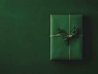 Green present wrapped in simple twine with a sprig of foliage on a dark green background for a festive celebration