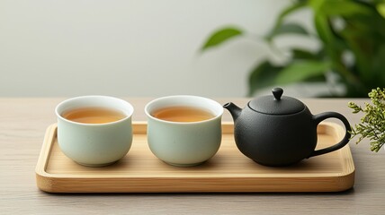 Fototapeta premium Mindful living with wellness and consciousness concept. Tea set with two cups and a teapot on a wooden tray.