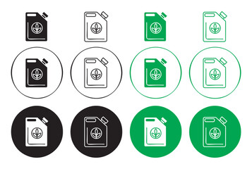 Biofuel canister icons set in black filled and stroke line style