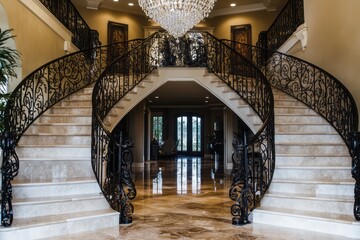 Obraz premium A grand foyer with a double staircase, intricate wrought iron railings, and a massive crystal chandelier hanging above a marble floor