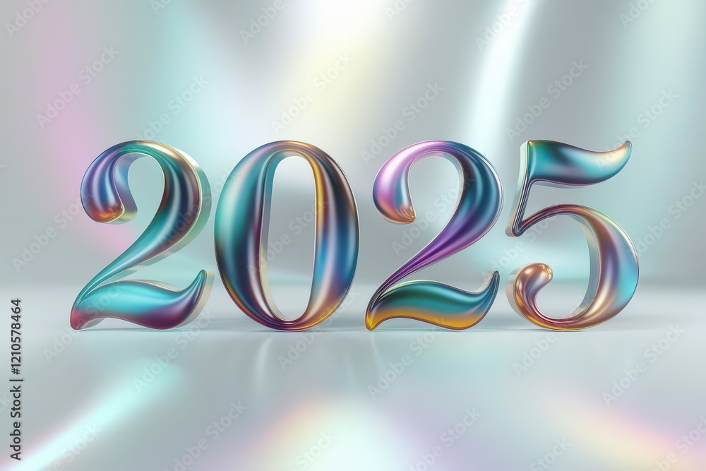 Aufkleber a vibrant, stylized rendering of the year 2025, showcasing colorful swirls and dynamic reflections a