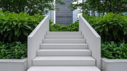 White stone steps in urban garden, city background, success concept, stock photo
