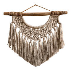 Decorative macrame wall hanging with fringe, isolated on transparent background