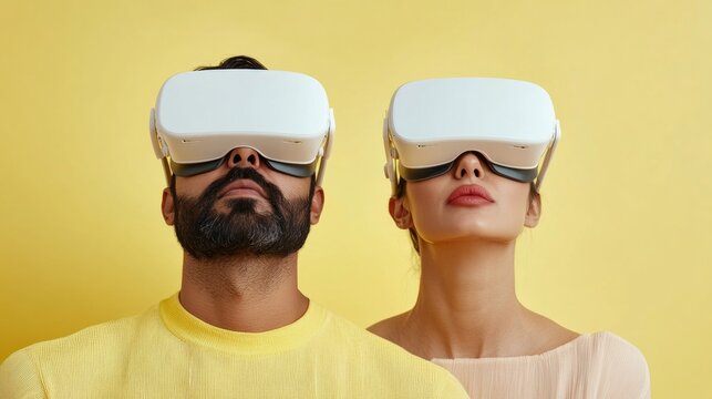 Neon VR Duo Experience Indian Couple Engaged in Immersive Gaming with Modern VR Headsets - Next-Gen Entertainment for Innovative Home Leisure and Tech-Savvy Consumers