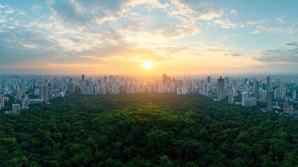 Fototapeta premium Lush green city park surrounded by a dense skyline of skyscrapers during a golden sunrise.