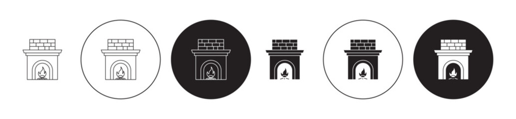 fireplace icons set in black filled and stroke line style