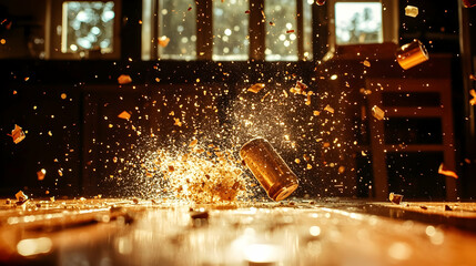 Woodworking explosion; sawdust flies; workshop background; action shot; industrial use