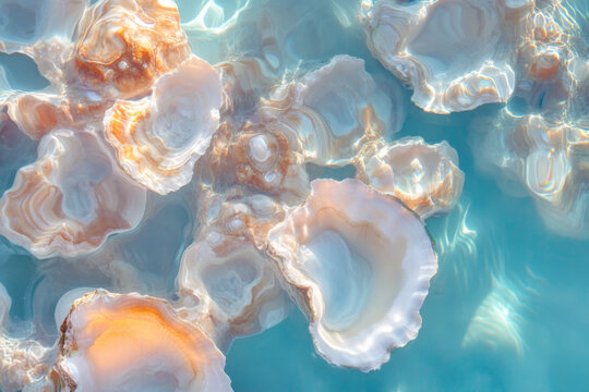 Colorful shells float on clear turquoise water in a serene shallow lagoon during a sunny day