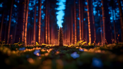 Fototapeta premium Young pine tree in dark forest at twilight; nature background
