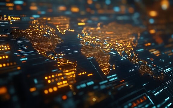Glowing digital world map on dark tech interface.