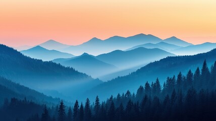 Obraz premium Mindful living with wellness and consciousness concept. Serene mountains with blue tones and a soft sunrise backdrop.