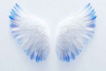 Fototapeta premium White angel wings with blue tips depicted against a soft white background create a serene and ethereal atmosphere in a minimalist setting
