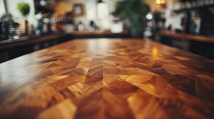 Empty cafe bar top, wood grain, blurred background