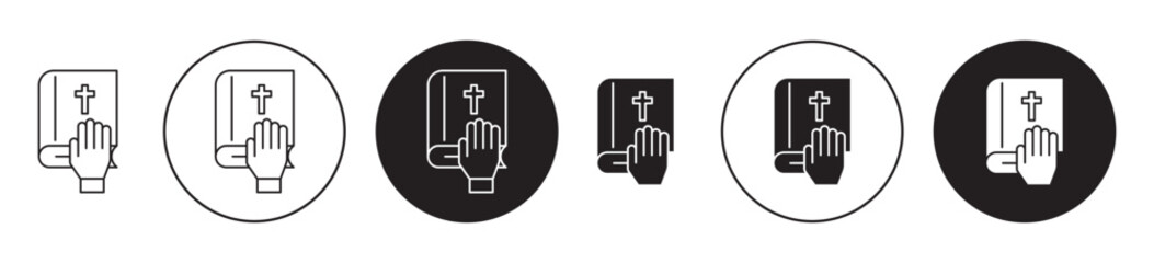 Hand in Bible icons set in black filled and stroke line style