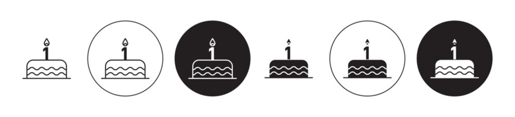 Happy first birthday icons set in black filled and stroke line style