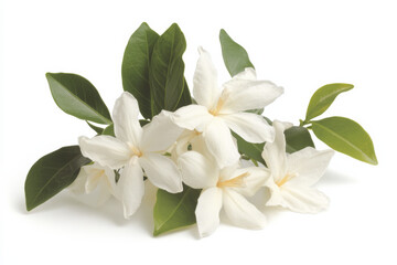 Obraz premium White flowers with green leaves arranged beautifully on a plain background during daylight