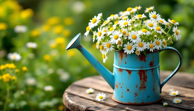 Flores hermosas de la primavera en regadera vieja y azul. Fondo de jard&iacute;n
