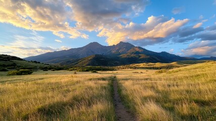 Naklejka premium Mindful living with wellness and consciousness concept. Scenic mountain landscape with grassy fields under a vibrant sky.