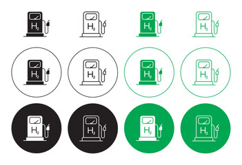 hydrogen fuel pump icons set in black filled and stroke line style