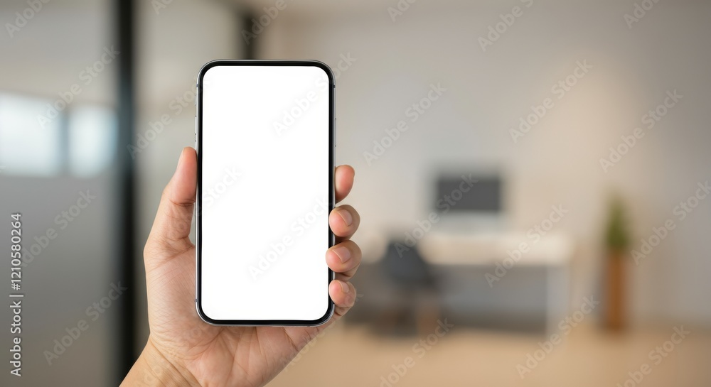 Poster modern minimalist office setup ergonomic workspace with handheld smartphone - enhancing remote work 