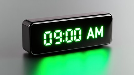 Sleek digital alarm clock displaying 09:00 AM with glowing neon green digits against a polished black background