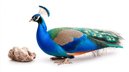 Fototapeta premium Exotic Peacock with vivid colorful feathers on white background. Generative AI