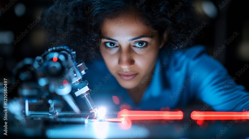 Aufkleber Futuristic Robotics Innovation Indian Female Engineer in High-Tech Lab Adjusting Advanced Robotic Arm - Empowering Modern Workforce and Industry 4.0 Solutions