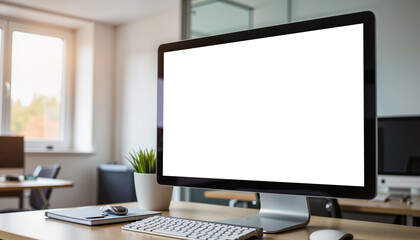 Fototapeta premium Modern office workspace with flat screen monitor, productivity concept