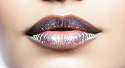 Obraz premium Holographic Lip Gloss Trend Iridescent Shine on Lips for Futuristic Beauty - Cosmetic Innovation in Skincare and Glamorous Makeup for Digital and Social Media Impact