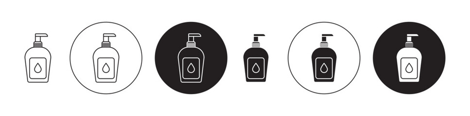 Liquid soap bottle icons set in black filled and stroke line style