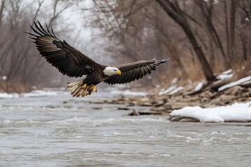 Fototapeta premium Majestic Bald Eagle Soars Above the Iowa River, Capturing the Spirit of Wild American Birds of Prey