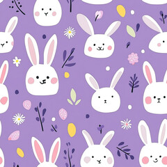 Cute cartoon bunnies on a purple background with floral elements
