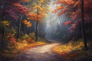 Obraz premium Autumn pathway through a colorful forest with misty surroundings