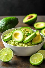 commercial photography for advertising campaign showing bowl of fresh guacamole surrounded by ripe avocados and lime