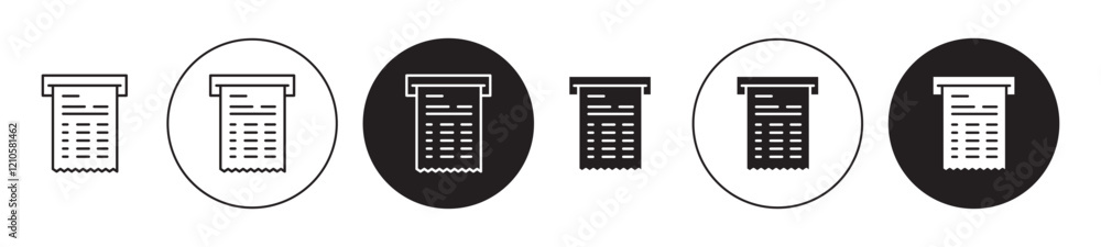 Poster paper check receipt icons set in black filled and stroke line style