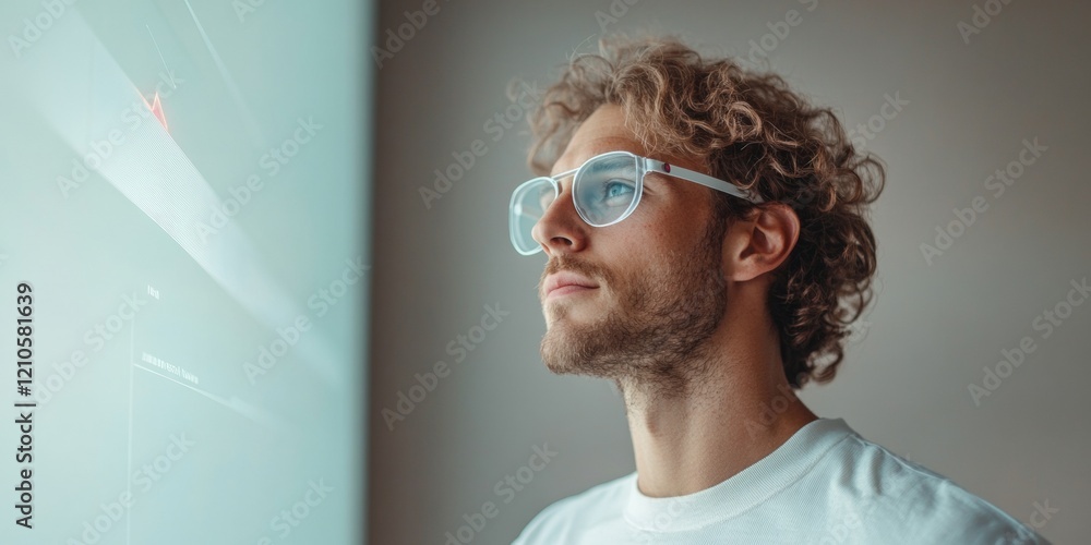 Poster minimalist tech office athletic caucasian man engages with augmented reality interface - elevating d