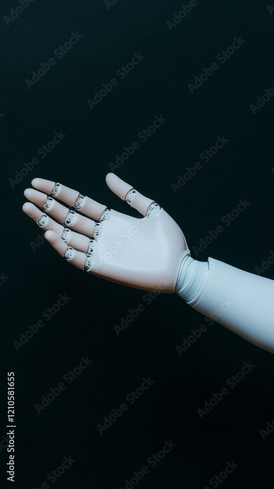 Poster futuristic human-robot interaction metal and silicone prosthetic hand on black - cutting-edge ai col