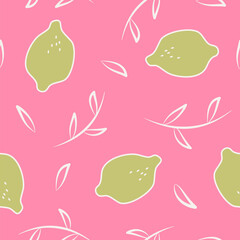 cute colorful hand drawn seamless vector pattern illustration with abstract white branches and green lime on pink background