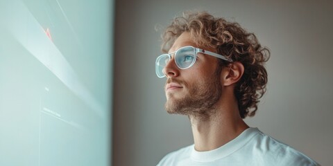 Minimalist Tech Office Athletic Caucasian Man Engages with Augmented Reality Interface - Elevating Digital Innovation in Modern Business Environments