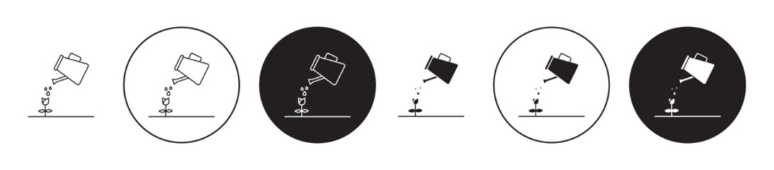 Plant watering can icons set in black filled and stroke line style
