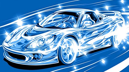 Chrome sports car speeding, glowing, blue background.