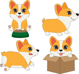 Set of 4 border collie dog cartoon flat vector