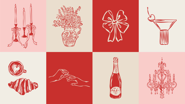 Love and wedding sketch style illustration set. 