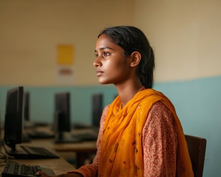Rustic Digital Classroom Vibes Young Indian Woman Empowering Teens with Vintage Computers - Social Entrepreneurship and Grassroots Digital Inclusion Education